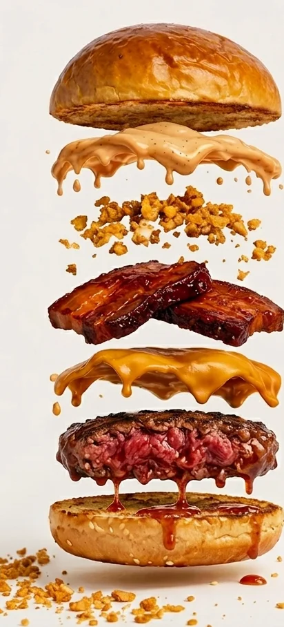 Capas de la Holy Sh*t: pan brioche, salsas, kikos, bacon, cheddar y carne